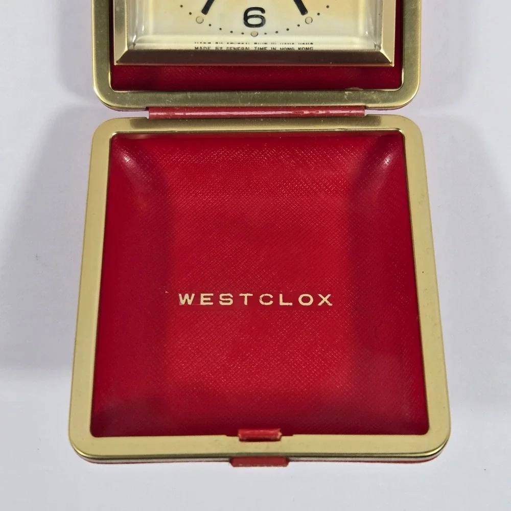 Vintage Westclox Travel Alarm Clock Red Folding Case General Time Hong Kong